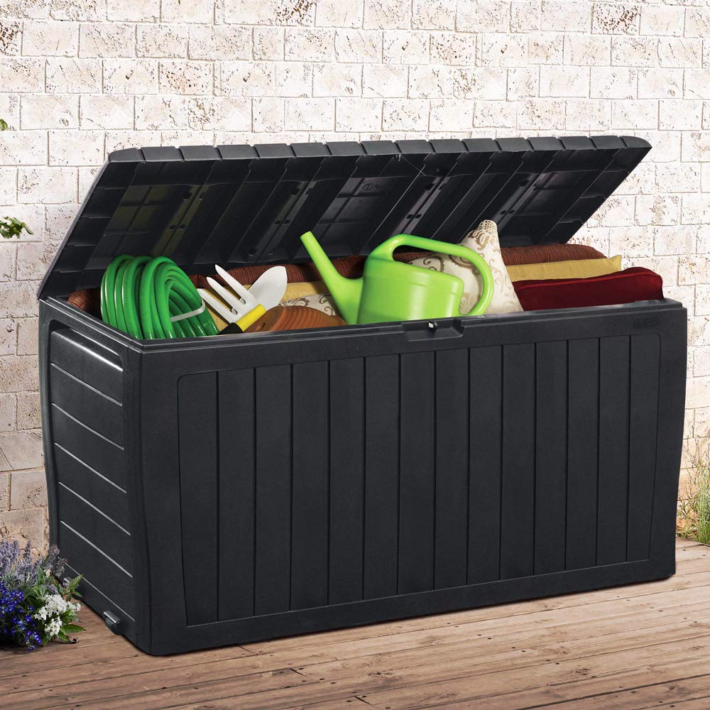 Deuba® Marvel+ Plus by KETER 270 Litre Outdoor 65% Recycled Garden Furniture Cushion Storage Box | Fade Free | Weather Resistant | Safe & Secure | Maintenance Free | Graphite Wood Effect Anthracite