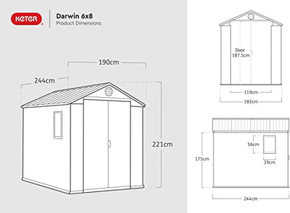 Keter Darwin Outdoor Apex Double Door Garden Storage Shed 6 x 8ft Grey Evotech+ Wood Look and Feel | Fade Free | All Weather Resistant | Safe and Secure | Zero Maintenance | 15 year Warranty
