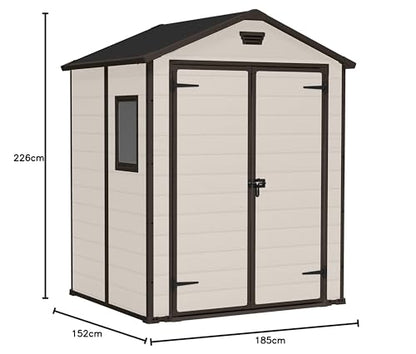 Keter Manor Outdoor Apex Double Door Garden Storage Shed 6 x 5ft Beige Brown Wood effect | Fade Free | All Weather Resistant | Safe and Secure | Zero Maintenance | 15 year Warranty