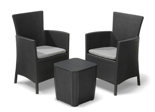 Keter Iowa 3-Piece Rattan Effect Storage Table Balcony Bistro Set - Graphite