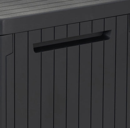 Keter City 113L Outdoor 96% recycled Small Balcony Garden Furniture Storage Box Grey Wood Panel Effect | Fade Free | All Weather Resistant | Safe and Secure | Zero Maintenance | 2 year Warranty