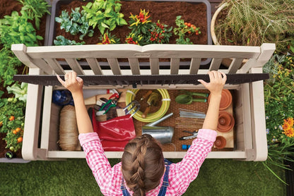 Keter Eden Bench 265L Outdoor 60% recycled Garden Furniture Storage Box Beige & Brown Wood Panel Effect | Fade Free | All Weather Resistant | Safe and Secure | Zero Maintenance | 2 year Warranty