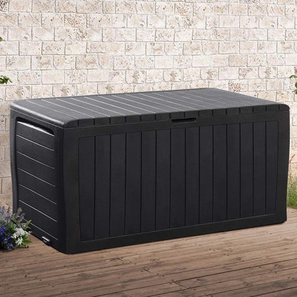 Deuba® Marvel+ Plus by KETER 270 Litre Outdoor 65% Recycled Garden Furniture Cushion Storage Box | Fade Free | Weather Resistant | Safe & Secure | Maintenance Free | Graphite Wood Effect Anthracite