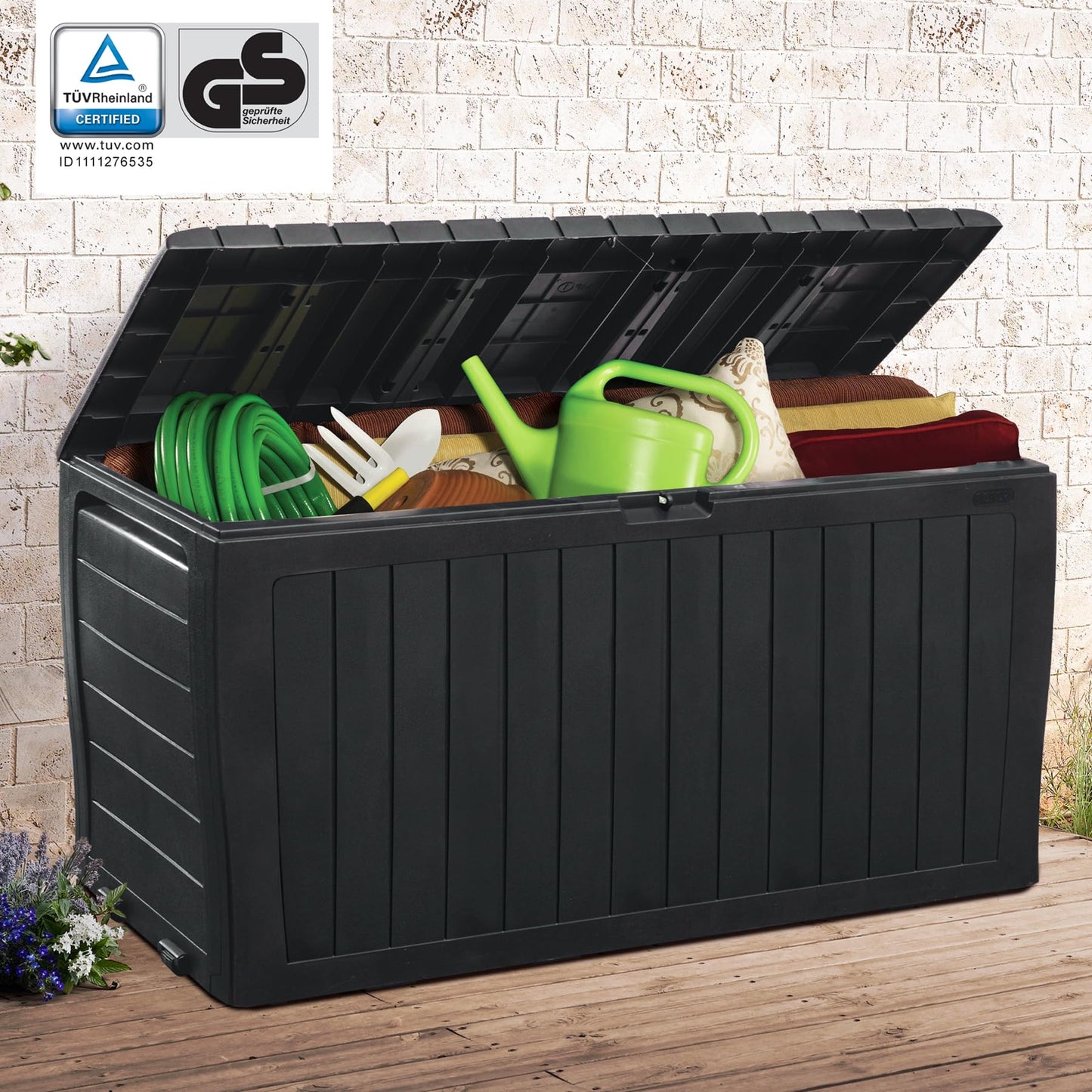 Deuba® Marvel+ Plus by KETER 270 Litre Outdoor 65% Recycled Garden Furniture Cushion Storage Box | Fade Free | Weather Resistant | Safe & Secure | Maintenance Free | Graphite Wood Effect Anthracite