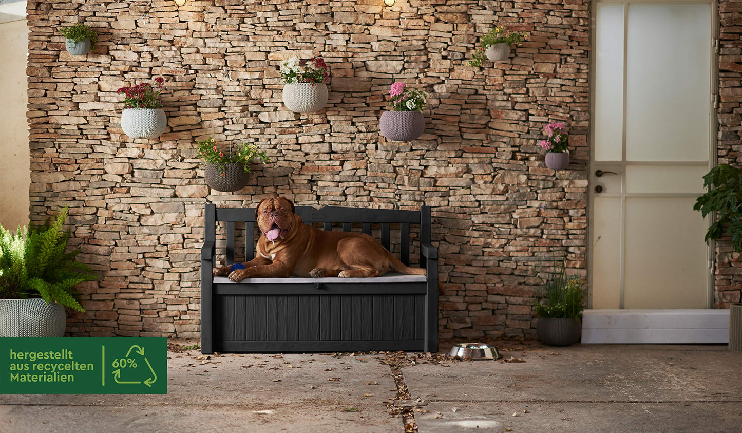 Keter Eden Bench 265L Outdoor 60% recycled Garden Furniture Storage Box Graphite & Light Grey | Fade Free | All Weather Resistant | Safe and Secure | Zero Maintenance | 2 year Warranty